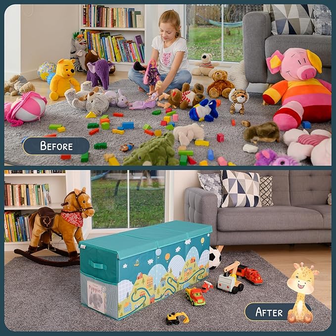Extra Large Toy Storage Organizer with Lid - Sturdy, Collapsible Toy Chest Storage Box with Cute Design - Toys Bin with Dividers for Kids, Boys, Girls, Nursery, Bedroom, Play room 37"x16"x14"