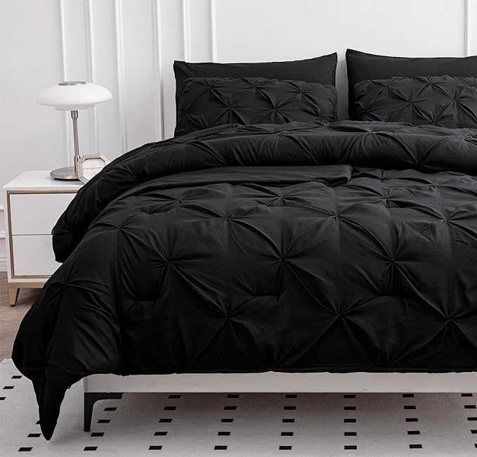 LANE LINEN Twin Comforter Set, 5 Piece Twin Bedding Sets, Ultra Soft Pintuck Twin Bed in a Bag Set with Down Alternative Comforter, Sheets, Pillowcase & Sham, Pinch Pleated Kids Bedding Set - Black