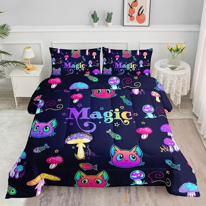 Datura home Mushroom Cat Kids Comforter Bedding Set for Boys Girls, Cartoon Mixed Color Mushroom and Cute Cat Fishbone Pattern Comforter with 2 Pillowcases(Mushroom Cat Full)