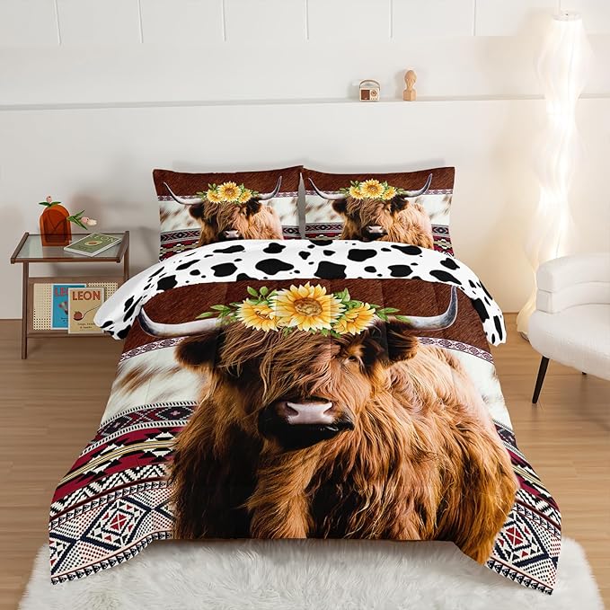 HOSIMA Highland Cow Decor Comforter with 2 Pillowcases,Animal Theme Western Bedding Sets,Brown Cowhide Black White Cow Print Comforter Set for Adults Kids,Sunflower King Size Comforter.