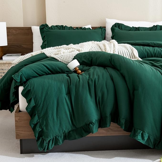 Andency California King Comforter Set Dark Green (104x96Inch), 3 Pieces Cal King Ruffle Comforter, Oversized Farmhouse Shabby Chic Bed Comforter, Lighteweight and Soft Microfiber Bedding Set