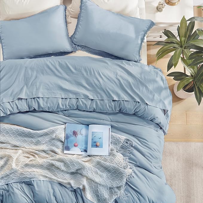 Andency Grayish Blue Comforter Set Full Size, 3 Pieces Boho Tassel Lightweight Bedding Comforter Sets, All Season Soft Fluffy Fringe Bed Set (79x90In Comforter & 2 Pillowcases)