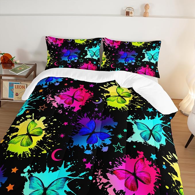 HOSIMA Colorful Butterfly Comforter Set for College Girls and Boys,3Pcs Bedding Set Colorful Ink Print Comforter with 2 Pillowcases,Star Moon Black King Size Comforter Set for All Seasons.