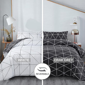 Black & White Comforter Bed in a Bag Queen for Kids Adults, 3Pcs Reversible Geometric Bedding Set with 2 Pillow Shams for All Seasons (Queen,90x90inches)