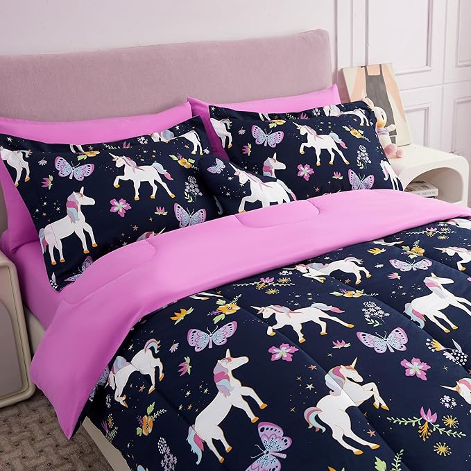 Mooreeke Kids Comforter Bed Set Twin Size for Girls, 6 Pieces Bed in a Bag with Shams, Sheet Set, Purple Pink Unicorn Twin Soft Microfiber Kids Comforter Bedding Set