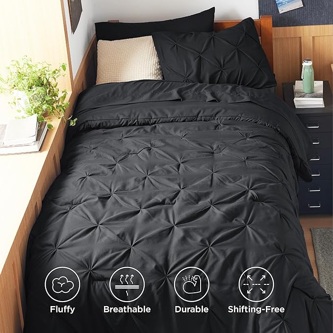 Bedsure Twin XL Comforter Set - Extra Long 5 Pieces Dorm Bedding Sets, Black Bed in a Bag with Comforters, Sheets & Skirt, Pillowcase & Sham