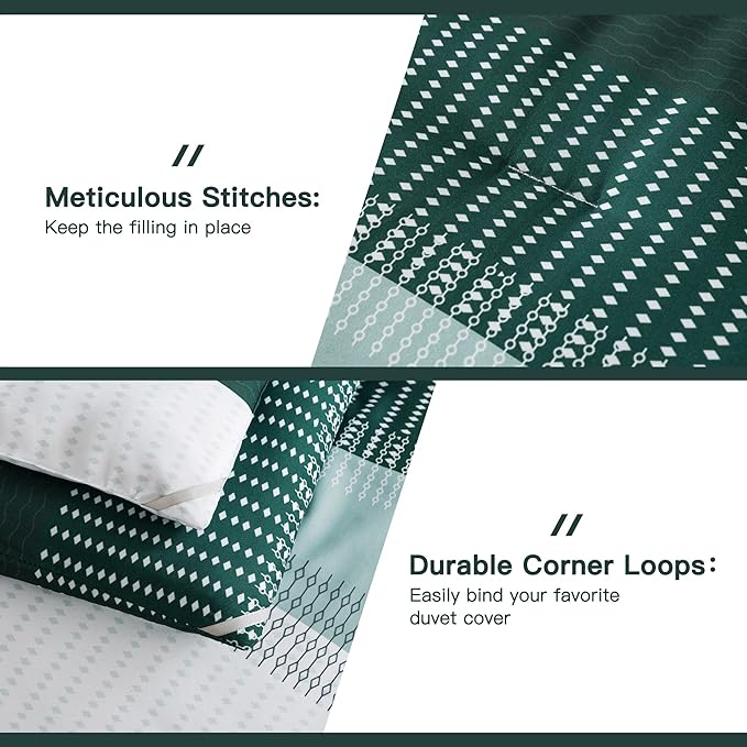 Litanika Dark Emerald Green Bed Comforter Queen Set, 3 Pieces Forest Bedding Set, Double Colorblock Stripe Vintage Bed Set (90x90Comforter, 2 Pillowcases)