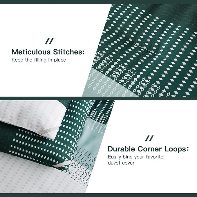 Litanika Dark Emerald Green Bed Comforter Full Set, 3 Pieces Hunter Green Bedding Set, Colorblock Stripe Vintage Style (79x90In Comforter & 2 Pillowcases)