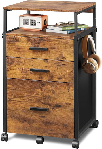 DEVAISE File Cabinet with Storage Drawers, Rolling Printer Stand with Adjustable Shelves, Wood Filing Cabinet for Home Office, Rustic Brown