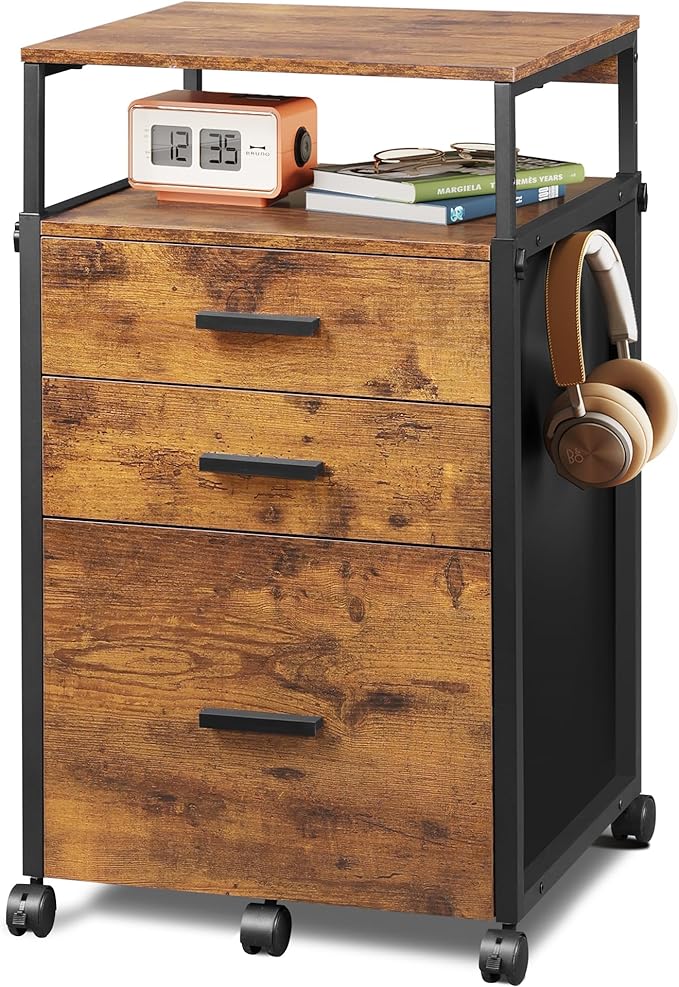 DEVAISE File Cabinet with Storage Drawers, Rolling Printer Stand with Adjustable Shelves, Wood Filing Cabinet for Home Office, Rustic Brown