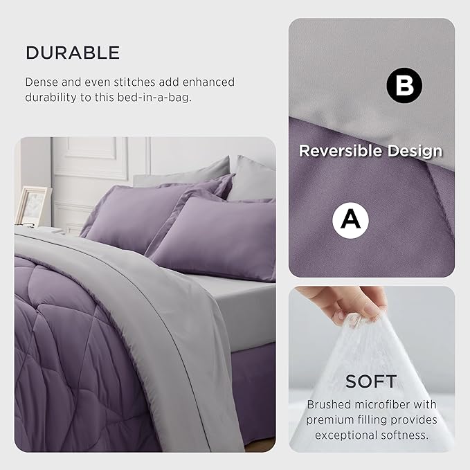 Bedsure Grayish Purple King Size Comforter Set - 7 Pieces Reversible King Bed in a Bag, King Bed Set Grayish Purple and Grey with Comforters, Sheets, Pillowcases & Shams