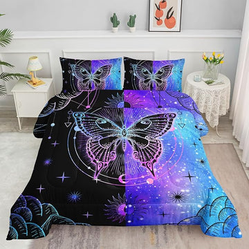 Datura home Black Blue Butterfly Comforter Set for Girls Women,Boho Butterfly Sun and Moon Mandala Printed Bedding Set with 2 Pillowcases(Black Blue Full)
