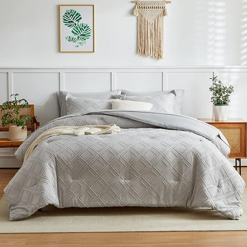 7 Pieces Tufted Bed in a Bag Queen Comforter Set with Sheets Light Grey, Soft and Embroidery Shabby Chic Boho Bohemian, Solid Color with Diamond Pattern, Jacquard Tufts Bedding Set for All Season