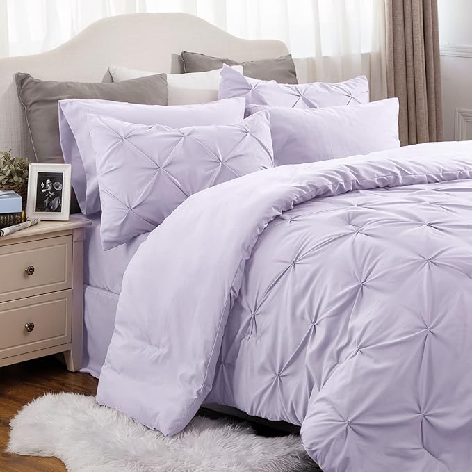 Bedsure Light Purple Comforter Set Queen - Bed in a Bag Queen 7 Pieces, Pintuck Beddding Sets Light Purple Bed Set with Comforter, Sheets, Pillowcases & Shams