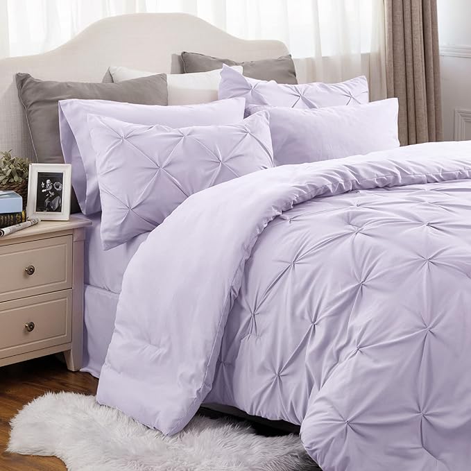 Bedsure Light Purple Comforter Set King - Bedding Set King 7 Pieces, Pintuck Bed in a Bag Purple Bed Set with Comforter, Sheets, Pillowcases & Shams