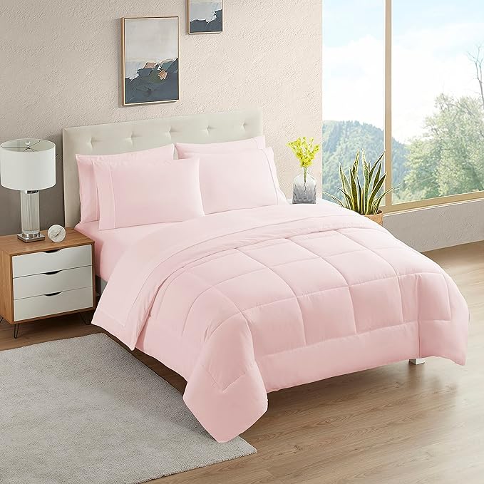 Dorm Room Essentials College Bedding Comforter Set 5 Piece Twin Size Bed in a Bag for College Students Boys and Girls, Twin, Pale Pink
