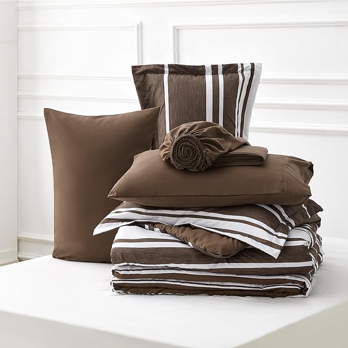 Bedsure Bed in a Bag Queen Size 7-Piece Brown White Striped Bedding Comforter Sets All Season Bed Set, 2 Pillow Shams, Flat Sheet, Fitted Sheet and 2 Pillowcases