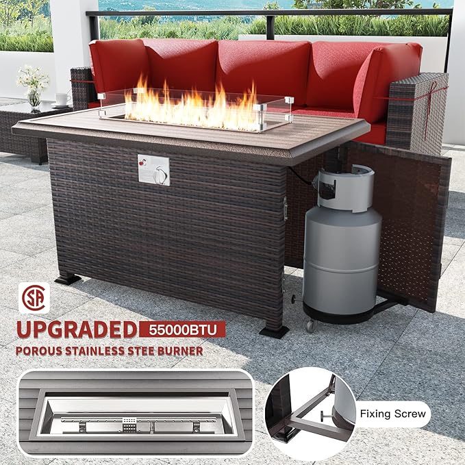 Kullavik 8 Pieces Outdoor Patio Furniture Set with 43" 55000BTU Gas Propane Fire Pit Table PE Wicker Rattan Sectional Sofa Patio Conversation Sets,Red