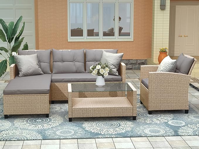 4 Piece Outdoor Patio Furniture Set, Sectional Conversation All-Weather Grey PE Wicker w/Seat Cushions for Backyard Porch Garden Poolside Balcony, Onesize, Ob-Gray