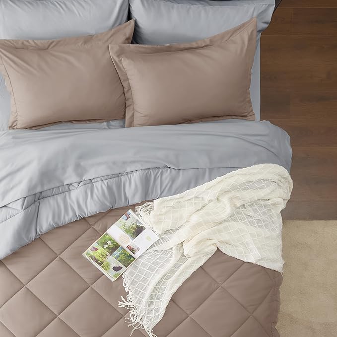 Bedsure Taupe Twin XL Comforter Set - 5 Pieces Reversible Twin XL Bed in a Bag Twin XL Bed Set with Comforters, Sheets, Pillowcase & Sham, Twin XL Bedding Sets
