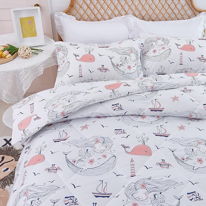 JSD Girls Mermaid Twin Comforter Set for Girls, 2 Piece Kids Printed Comforter with Pillow Sham, Soft Comfortable Machine Washable