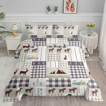 Datura home Happy Camper Comforter Set Rustic Lodge and Camper Deer Printed Quilt Bedding Set with 1 Comforter and 2 Pillowcases for Boys and Girls Bedroom All Season(Camper Full)