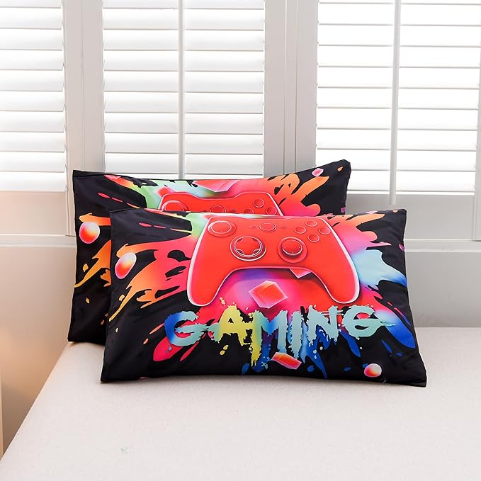 Aimuan Gaming Comforter Sets for Boys Kids Bedding Sets Video Games Console Action Buttons Novelty Colorful Game Gamepad Controller Modern Gamer Room Decor Home Quilt Set (Queen, Black)