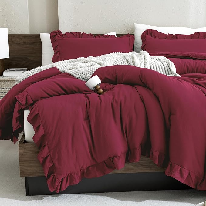 Andency Burgundy Twin Size Comforter Set for Kids Girls, 2 Pieces Solid Shabby Chic Ruffle Bedding Comforters & Sets, Soft Cozy Lightweight Down Alternative Twin Bed Set for All Season