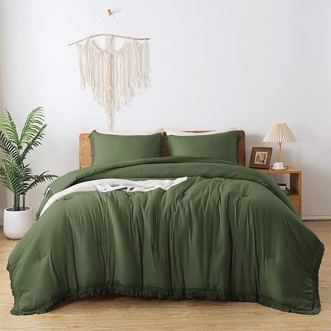 Andency Olive Green Comforter Set Full Size, 3 Pieces Boho Tassel Lightweight Bedding Comforter Sets, All Season Soft Fluffy Fringe Bed Set (79x90In Comforter & 2 Pillowcases)