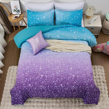 Holawakaka Kids Space Star Glitter Comforter Set Ombre Blue & Purple Print Bedding Set Twin/Twin XL Size Girls Boys Dorm Gradient Galaxy Bed Sets (Blue Purple, Twin)