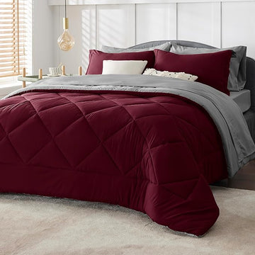Bedsure Burgundy California King Size Comforter Set - 7 Pieces Reversible Cal King Bed in a Bag Bed Set with Comforters, Sheets, Pillowcases & Shams, California King Bedding Sets