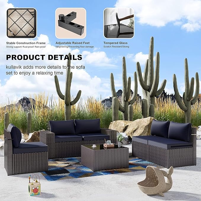 Kullavik 12PCS Outdoor Patio Furniture Set PE Wicker Rattan Sectional Sofa Patio Conversation Sets,Navy blue