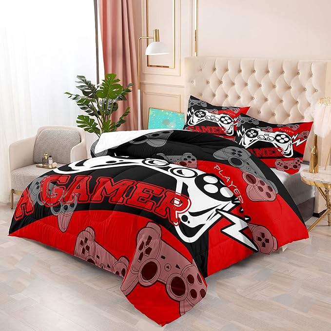 Gaming Comforter Sets for Boys Video Game Full Size Comforter Set for All Seasons Gamer Bedding Sets for Kids Bedroom Black and Red Gamepad Boys Bedding 1 Comforter and 2 Pillowcases