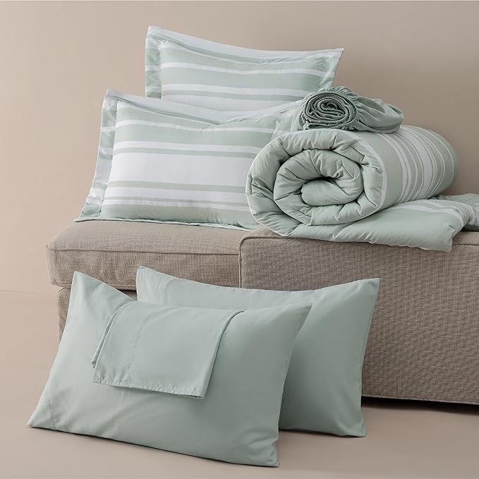 Bedsure Bed in a Bag Full Size 7 Pieces, Sage Green White Striped Bedding Comforter Sets All Season Bed Set, 2 Pillow Shams, Flat Sheet, Fitted Sheet and 2 Pillowcases