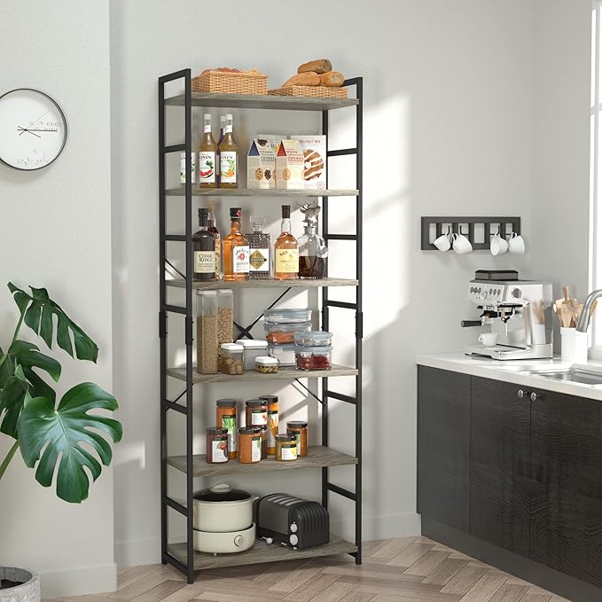 NUMENN 6 Tier Bookshelf, Tall Bookcase Shelf Storage Organizer, Modern Book Shelf for Bedroom, Living Room and Home Office, Grey