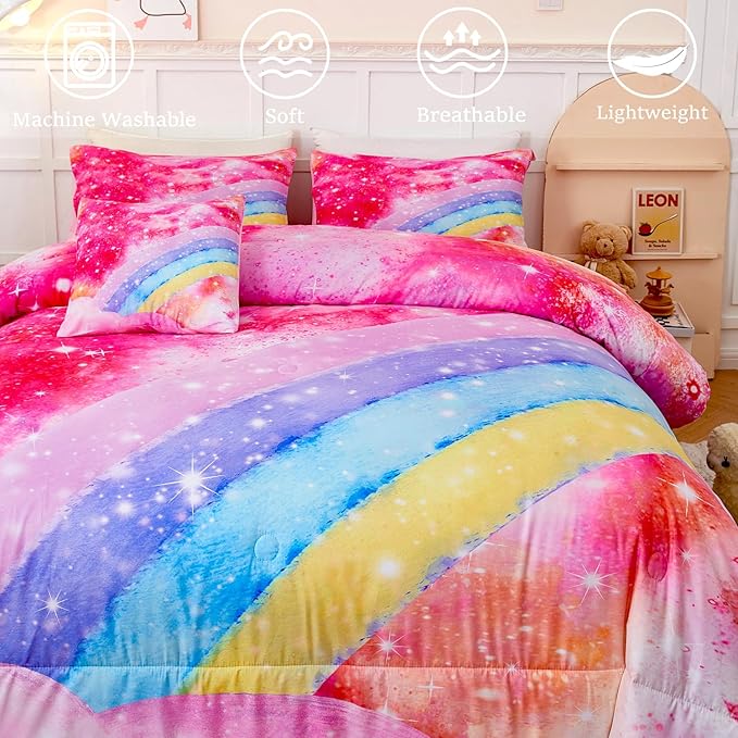 6 Pieces Rainbow Queen Size Bed in A Bag for Girls/Kids/Teens, Colorful Sparkle Tie Dye Girls Comforter Set, Soft Sparkle Glitter Galaxy Bed Sets for All Season