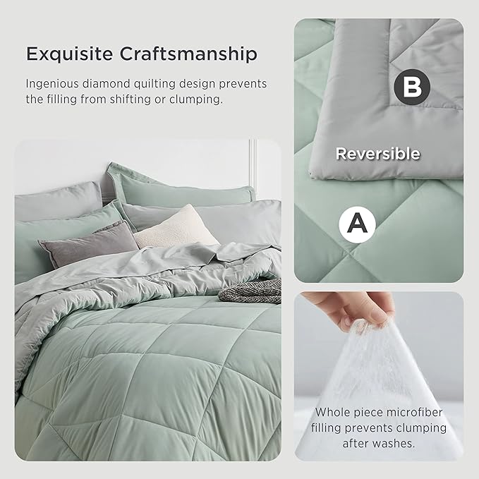 Bedsure Sage Green California King Comforter Set - 7 Pieces Reversible Bed Set Bed in a Bag California King with Comforters, Sheets, Pillowcases & Shams, California King Bedding Sets