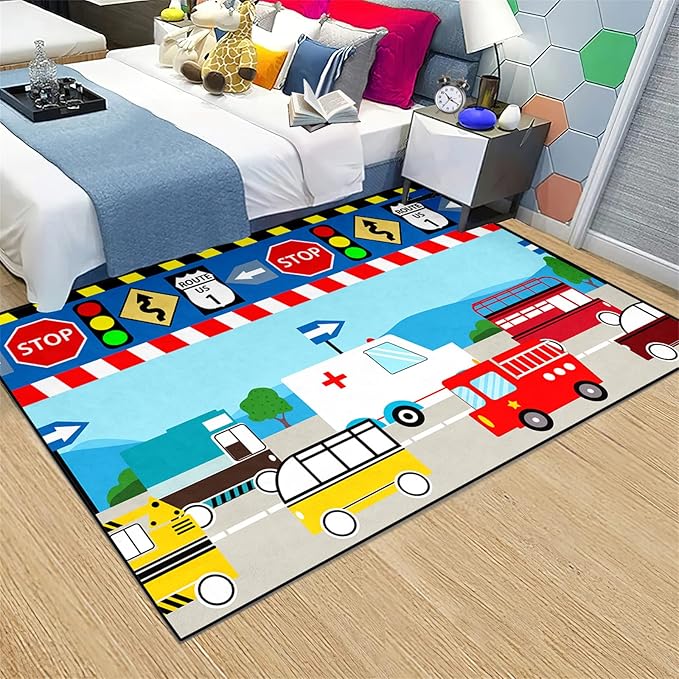 Cartoon Ambulance Car Area Rug Car Carpet for Kids Play Rug for Cars and Trucks Car Rug Play Mat Car Track Rug Truck Rugs for Boys Room Rugs for Boys Bedroom,Light Blue 4'×5'