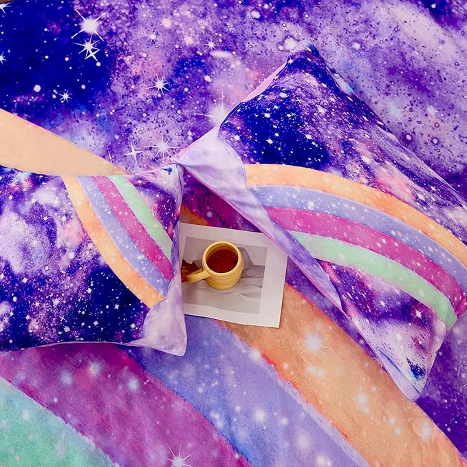 6Pcs Purple Rainbow Twin Size Bedding Set for Girls Gradient Glitter Kids Comforter Sets Tie Dye Girls Bed Set Sparkle Galaxy Bed in A Bag with Sheets