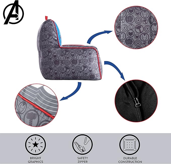 Idea Nuova Marvel Avengers Toddler Nylon Bean Bag Chair with Piping & Top Carry Handle, Large