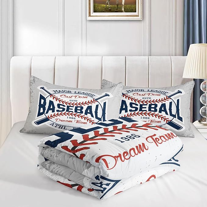 Datura home Baseball Comforter Set Vintage Grey Baseball Printed Quilt Bedding Set with 1 Comforter and 2 Pillowcases for Boys and Girls Bedroom All Season(Baseball Queen)