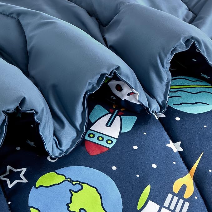 SLEEP ZONE Kids Bedding Comforter Set Full/Queen Size - Super Cute & Soft Kids Bedding 7 Pieces Set with Comforter, Sheet, Pillowcase & Sham (Rocket Galaxy)