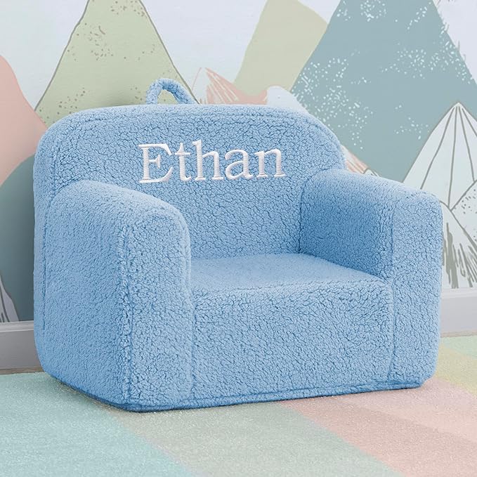 Delta Children Personalized Sherpa Cozee Chair - Customize with Name – Foam Kids Chair for Ages 18 Months and Up, Powder Blue