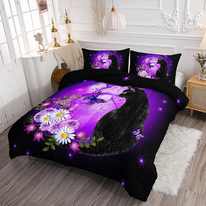 Black Cat Bedding Cartoon Cat Comforter Set Queen,Daisy Butterflies Printed Kids Bedding Set for Kids Boys Girls Adults Room Decor,Kids Comforter Set All Season,1 Quilt 2 Pillow Cases,Purple
