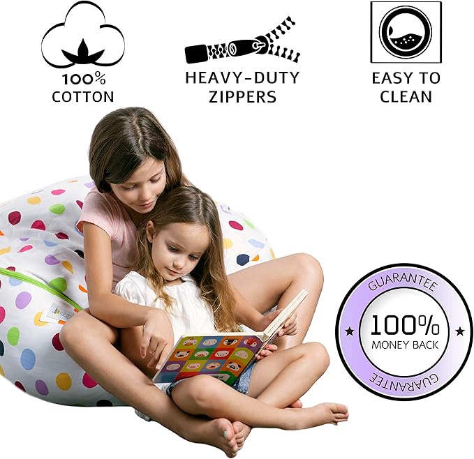 2 Sizes in 1 Stuffed Animal Storage Bean Bag Chair Cover for Kids & Adults | Washable XL Stuffie Seat | 100% Cotton | Pouf Organizer for Plush Toys, Linens, Quilts & Pillows | Polka Dots