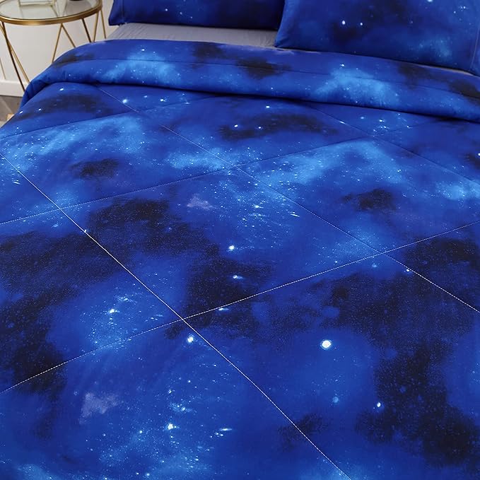 3PCS Blue Galaxy Twin Comforter Set, Bed in a Bag Space Twin Quilt Bedding Set, Hotel Luxury, Summer Cute Comforter Twin for Boys Girls Toddler Kids and Teens, Twin