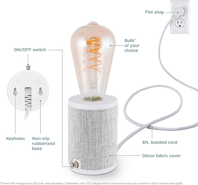 Enbrighten Anywhere Lamp, Lamp for Bedroom, Table, Bedside, Night Stands, Wall Mount, Designer Fabric Base with 6 Ft Braided Cord, Bulb Not Included, Gray, 46177