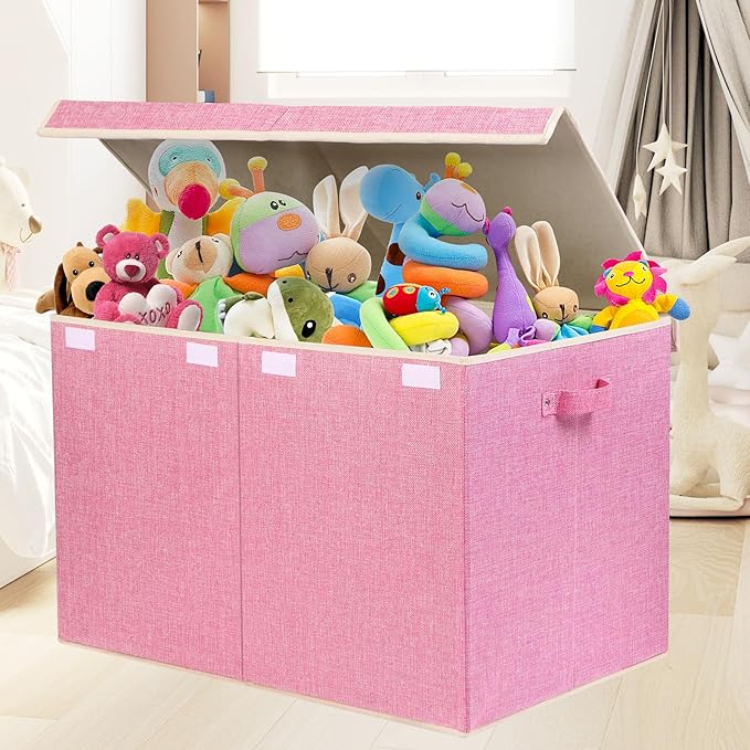 popoly 122L Large Toy Box Chest with Lid, Foldable Toy Storage Organizer Bin Boxes with Removable Divider for Kids, Boys, Girls, Nursery, Playroom, 26"x17" x17"(Linen Pink)