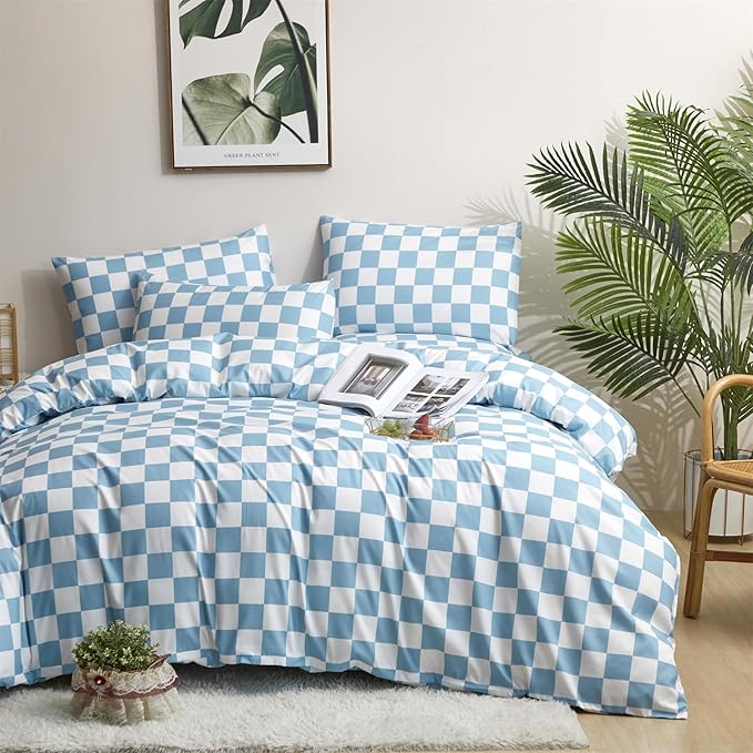Blue White Grid Comforter Set King Blue Plaid Bedding Set Women Blue and White Checkered Bed Comforter Set Breathable Blanket Set Men Durable Bedding Comforter Set