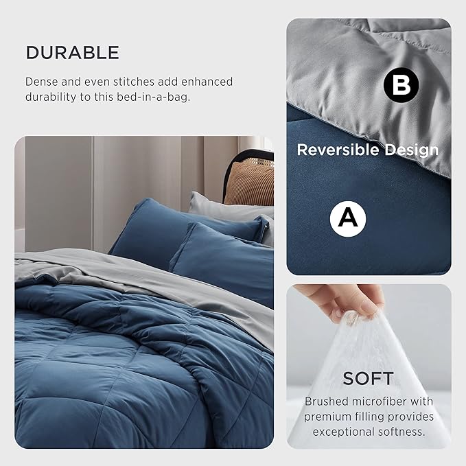 Bedsure Navy Full Size Bed in a Bag - 7 Pieces Reversible Comforter Set Full Bed Set with Comforters, Sheets, Pillowcases & Shams, Full Bedding Sets